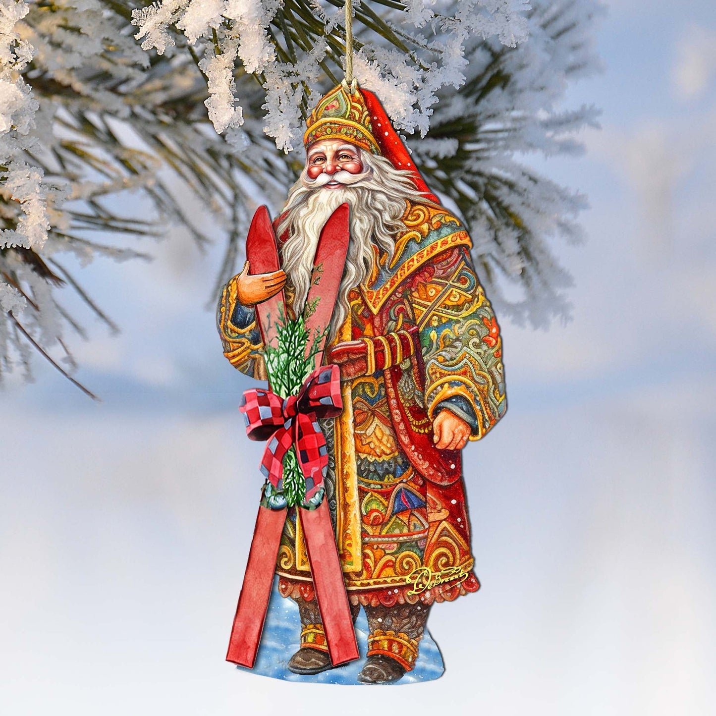 Santa's Skiing Adventure Wooden Ornaments by G. Debrekht - Christmas Santa Snowman Decor - 8691403