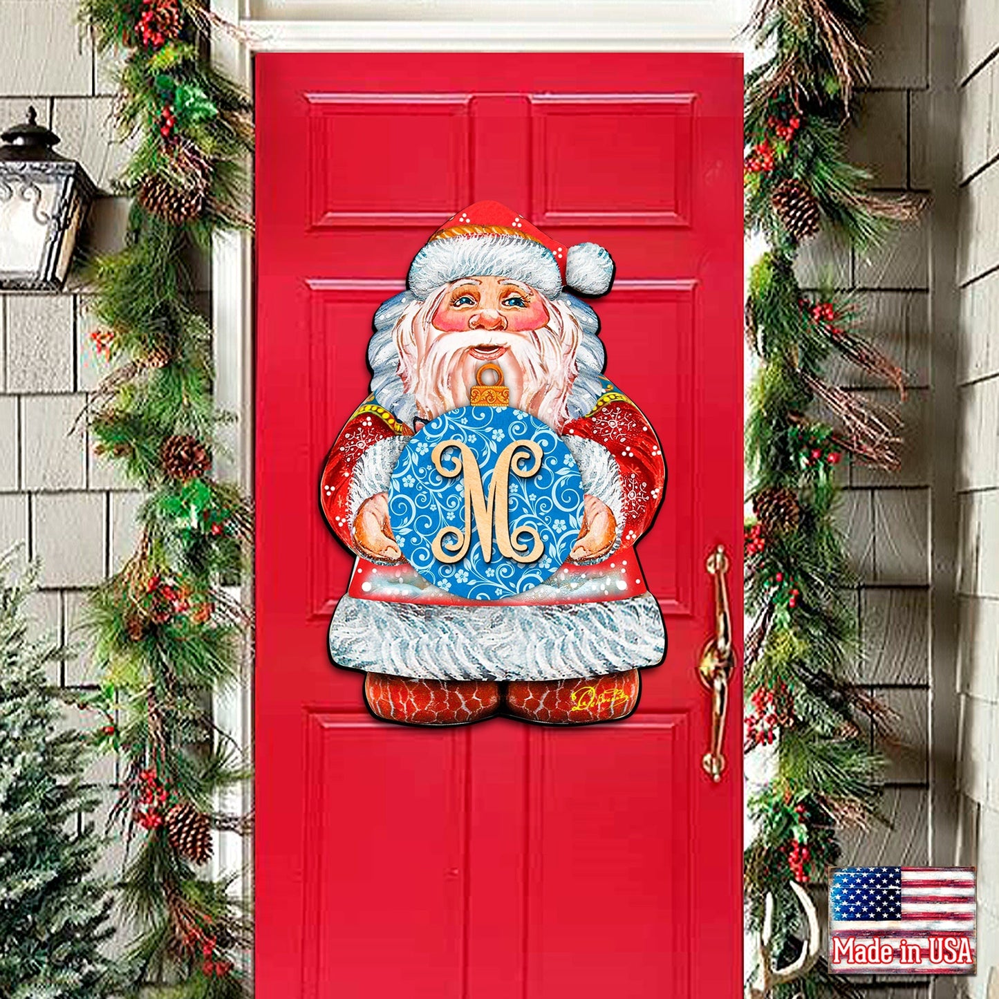 Custom Letter Vine Script Monogram Santa Door Hanger by G. DeBrekht - Christmas Santa Snowman Decor - 8117810G-9H