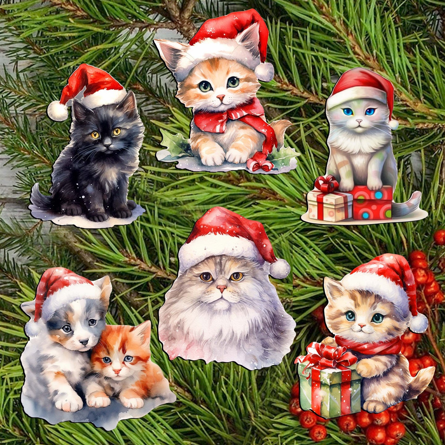 Christmas Cats Decorative Wooden Clip-on Ornaments of 6 by G. Debrekht - Christmas Decor - 8090016C-S6