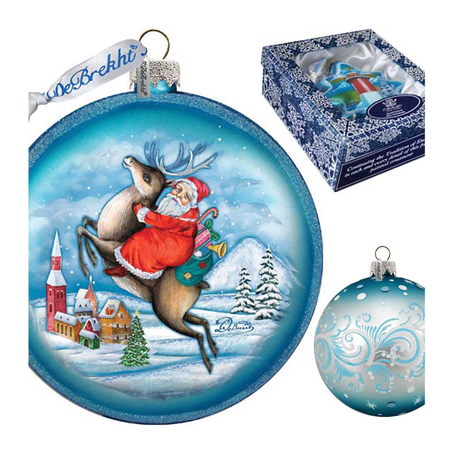 Reindeer Santa Glass Ornament by G. DeBrekht - Christmas Santa Snowman Decor - 744-014B