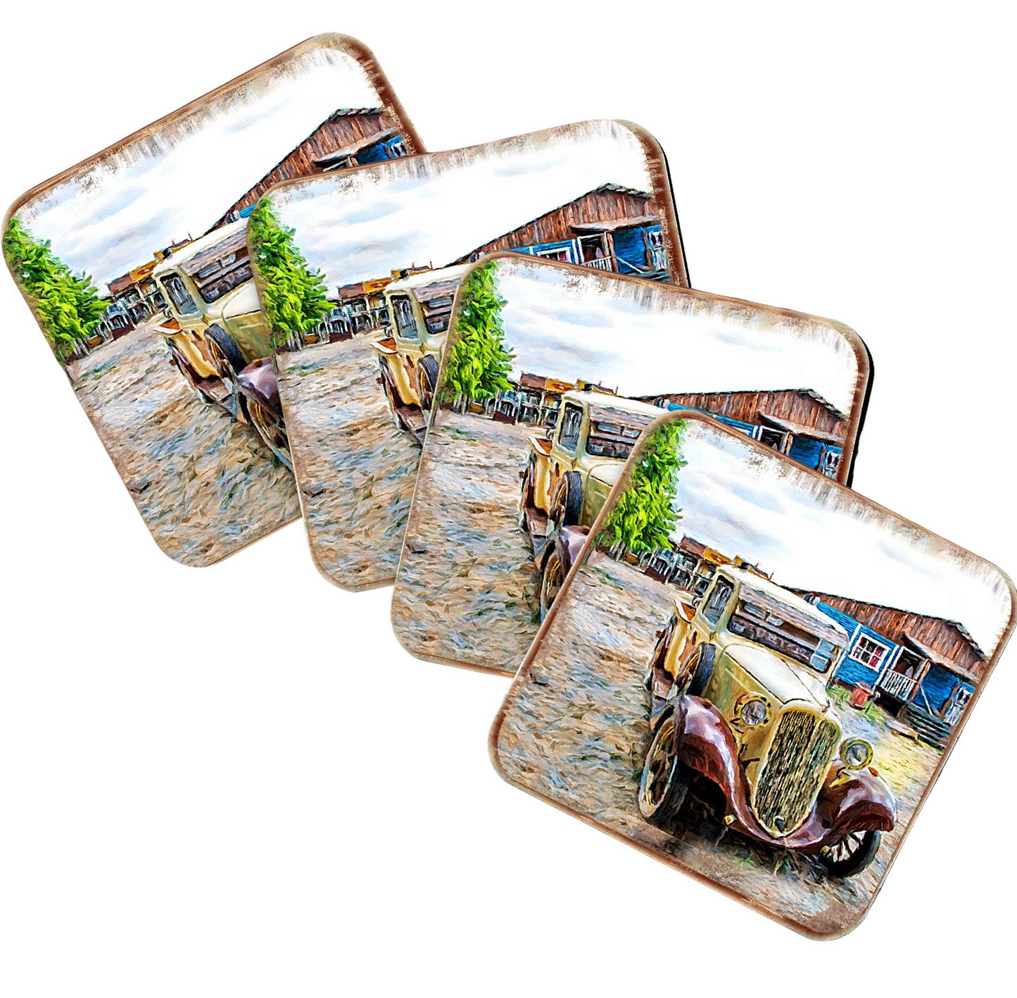 Car Coastal Wooden Cork Coasters Gift Set of 4 by Nature Wonders - Coastal Sea-Life Decor - 95353C-S4