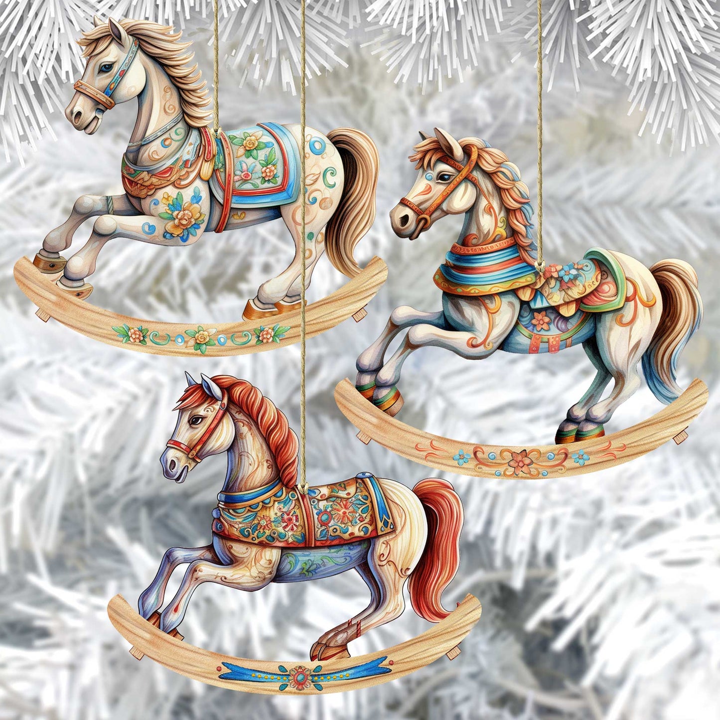 Rocking Horses Wooden Ornaments Set of 3 by G. Debrekht - Christmas Decor - 8100196S3
