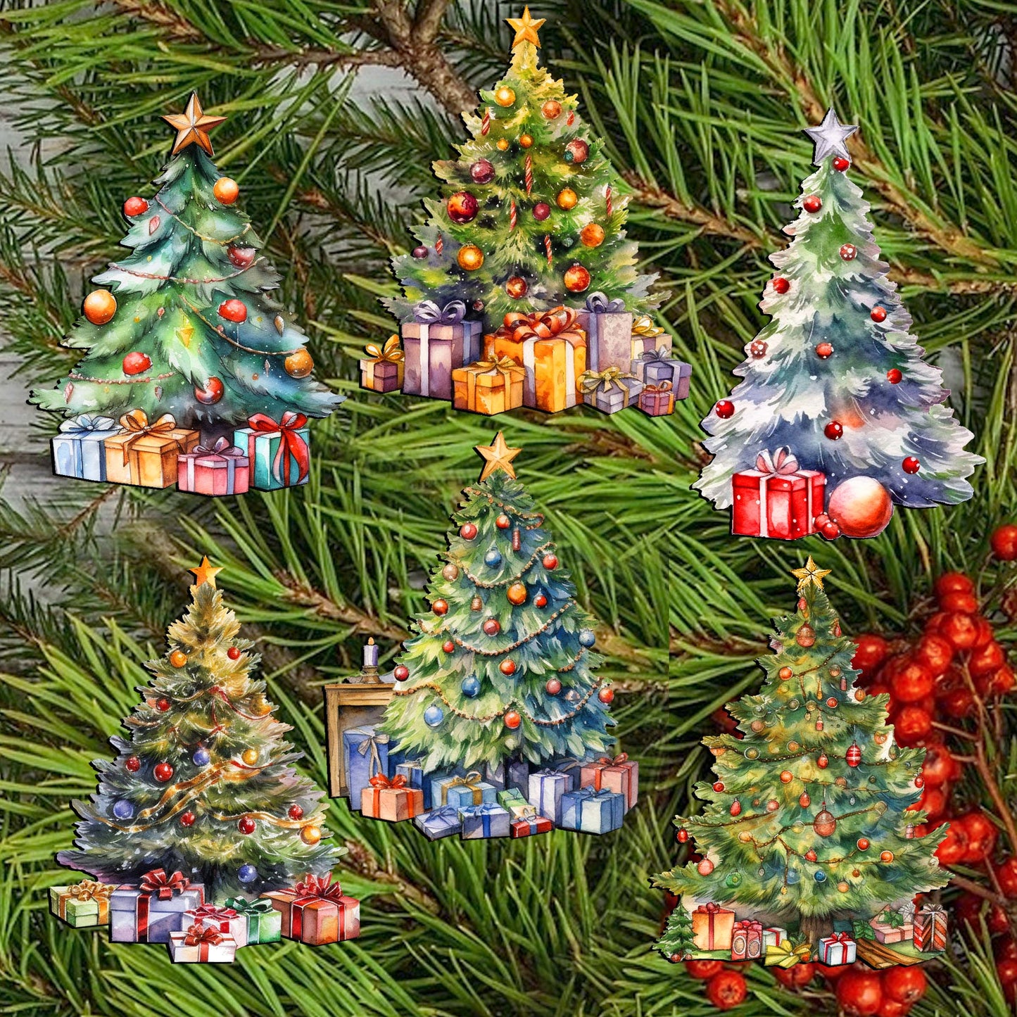 Christmas Tree Decorative Wooden Clip-on Ornaments Set of 6 by G. Debrekht - Christmas Decor - 8090044C-S6