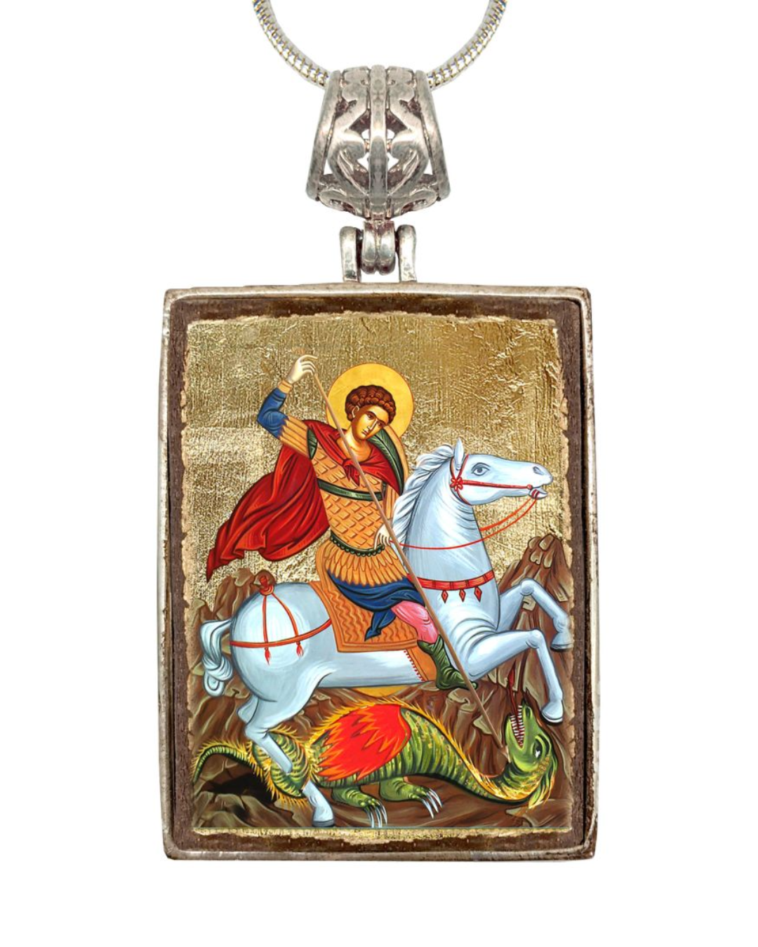 Saint George Religious Jewelry Silver Plated Necklace, Gold-Plated Wooden Cabochon - Orthodox Sacred Icon - Inspirational Icon Decor - 43013R