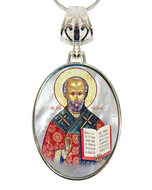 Saint Nicholas Silver Plated Mother of Pearl Necklace - 43021