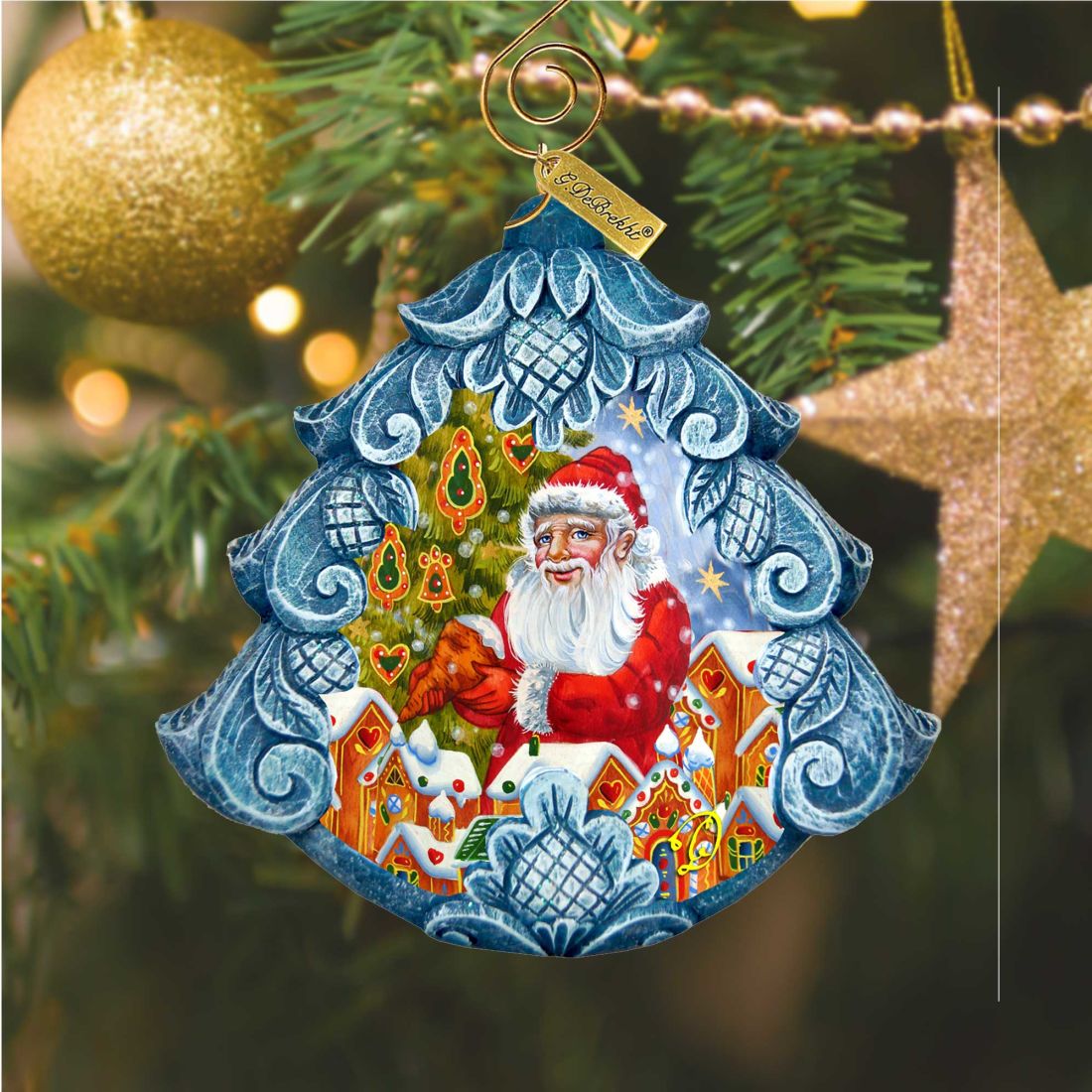 Santa Frosting the Gingerbread Tree Sculpted Hand-Painted Christmas Ornament by G. DeBrekht - Christmas Santa Snowman Decor - 610278