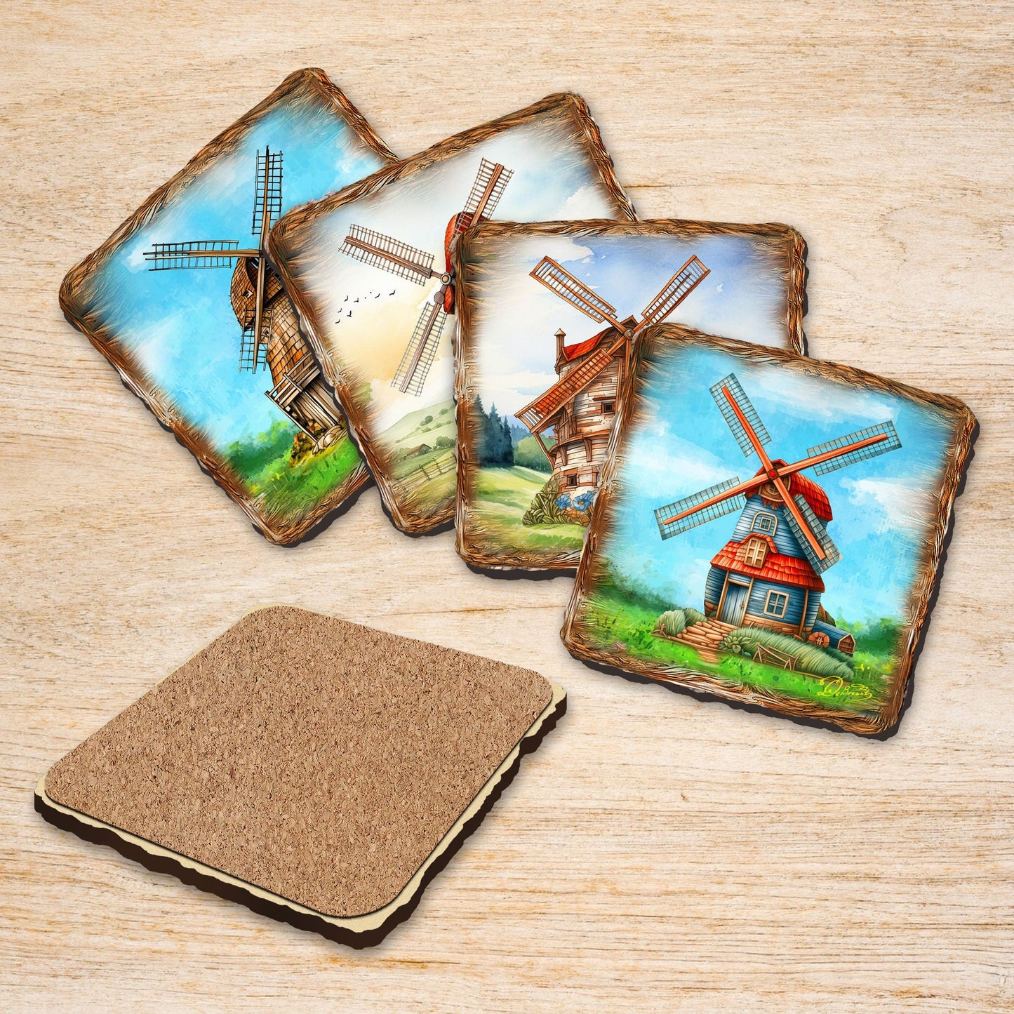 Windmills Wooden Cork Coasters Gift Set of 4 by Nature Wonders - Nature Wildlife Decor  - 95406C-S4