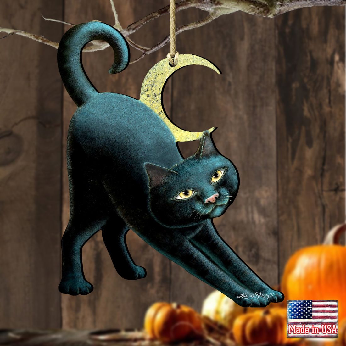 Spooky Halloween Cat Wooden Ornaments by Laura Seeley - Thanksgiving Halloween Decor - 8512054-LS