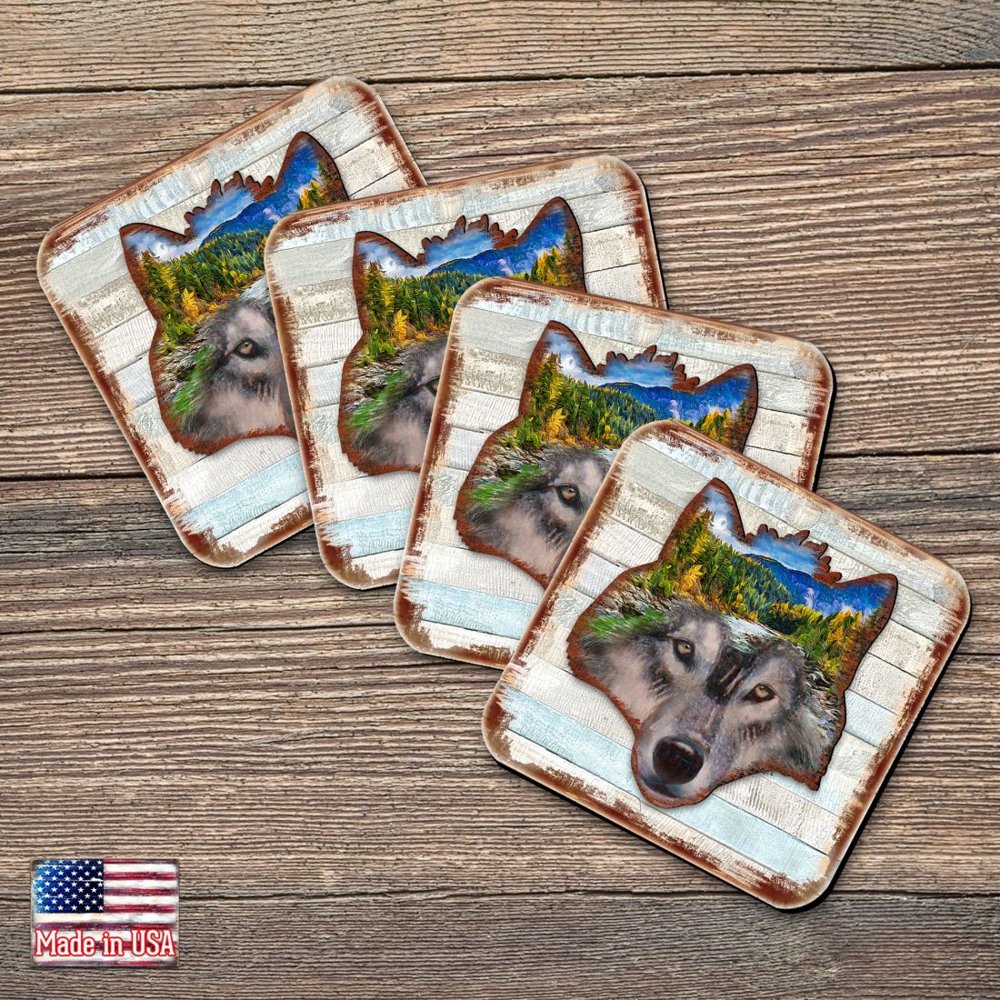 Wolf Face Wooden Cork Coasters Gift Set of 4 by Nature Wonders - Nature Wildlife Decor  - 8198227-4-9C-S4