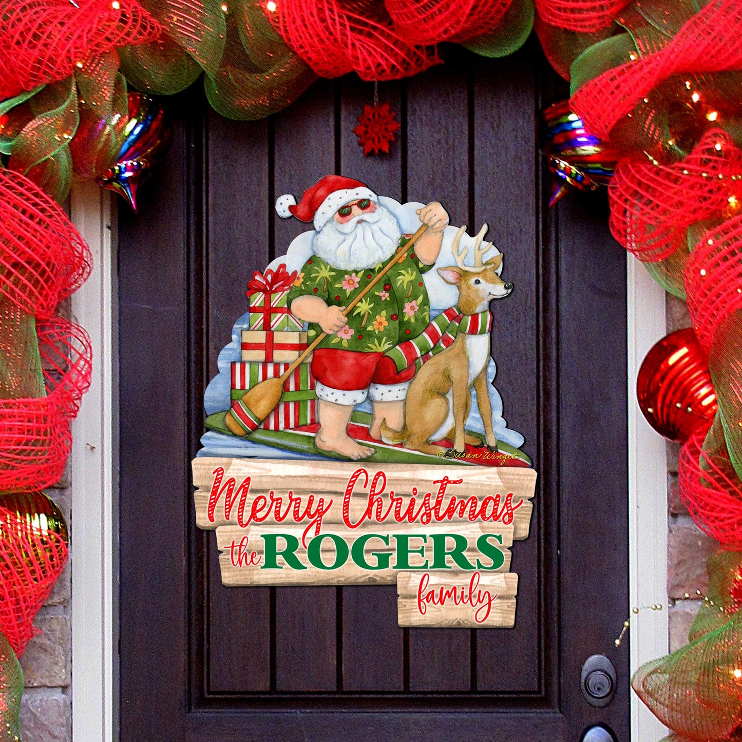 Christmas Decoration Personalized Holiday Welcome Sign with Last Name Santa Door Hanger by Susan Winget - Handmade Gift - 8471114HC-SW