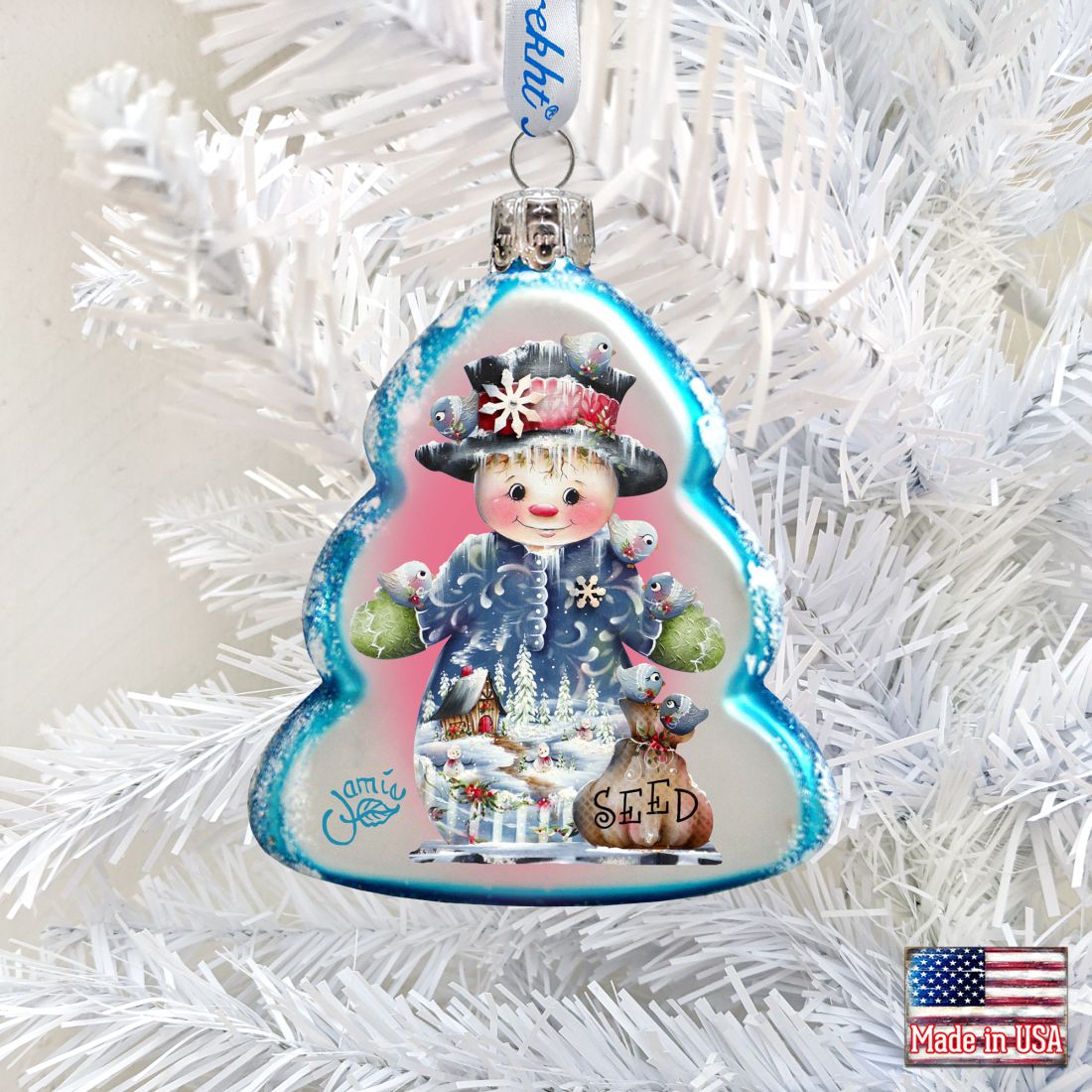 Seed Snowman Mercury Glass Ornament by Jamie Mills-Price - Christmas Santa Snowman Decor - 778206-7511