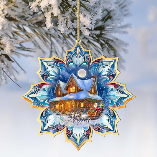 Santa's Cottage Snowflake Wooden Ornaments by G. Debrekht - Christmas Santa Snowman Decor - 8688430
