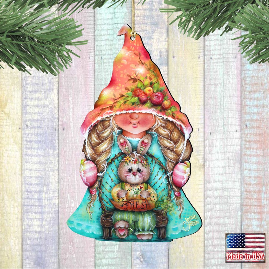 Gnome Girl with Bunny Wooden Ornaments by Jamie Mills-Price - Easter Spring Decor - 8457610