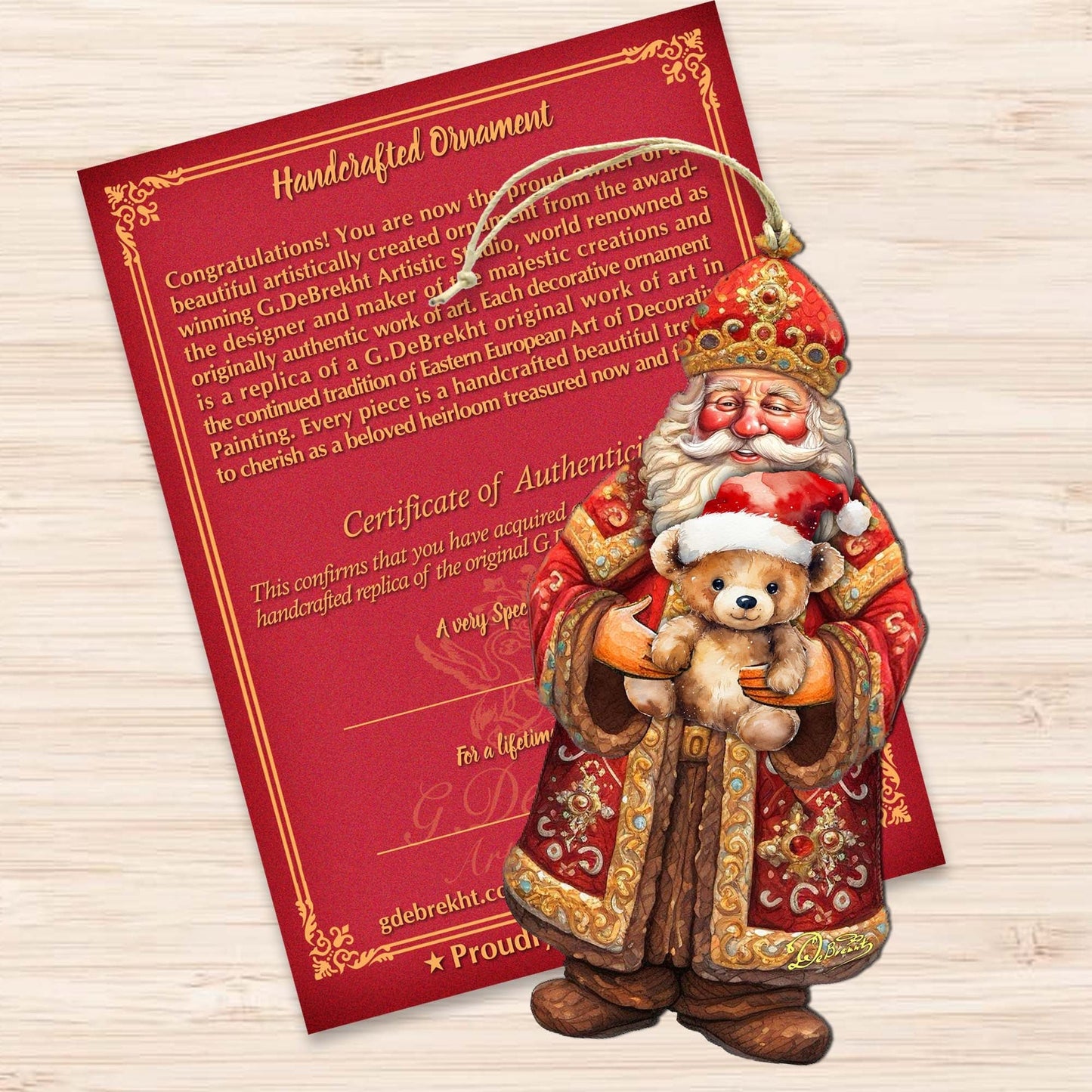 Santa's Teddy Bear Hug Wooden Ornaments by G. Debrekht - Christmas Santa Snowman Decor - 8691415