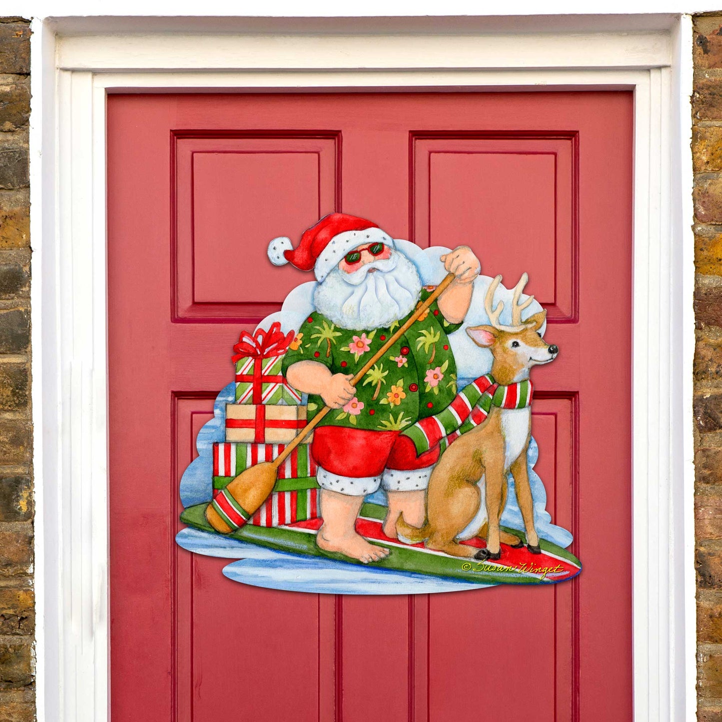 Christmas Decoration Door Hanging Paddleboarding Santa - Santa Door Hanger by Susan Winget Handmade Gift - 8471114H-SW