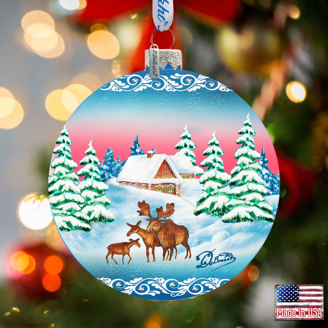 Winter Moose Family Ball Glass Ornament by G. DeBrekht - Wildlife Holiday Decor - 73115