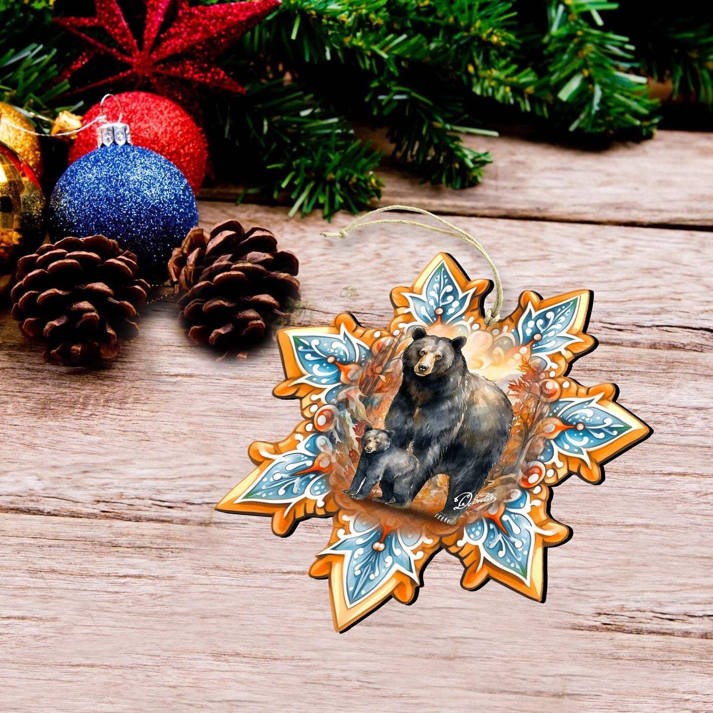 Bears Snowflake Wooden Ornaments Set of 3 by G. Debrekht - Nature Wildlife Decor - 8090143-S3