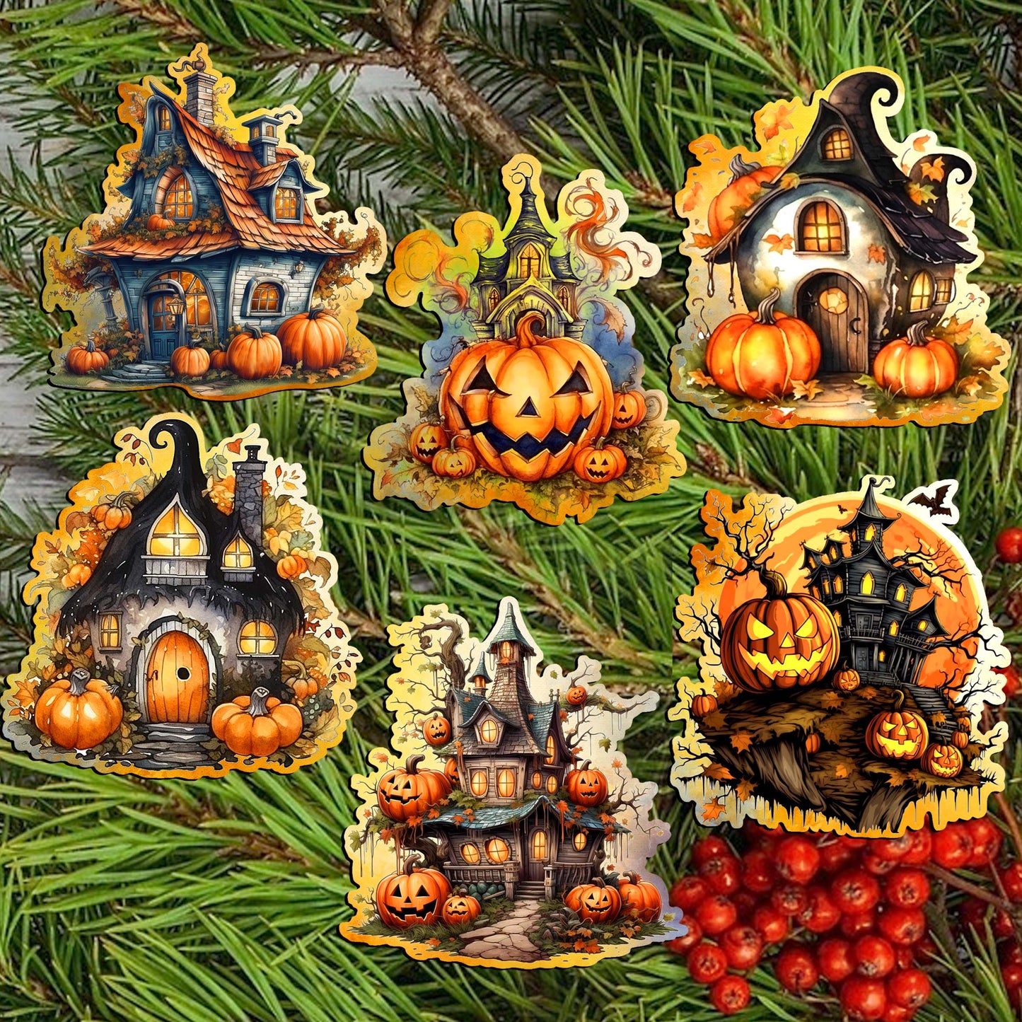 Spooky Houses Decorative Wooden Clip-on Ornaments of 6 by G. Debrekht - Halloween Decor - 8090007C-S6