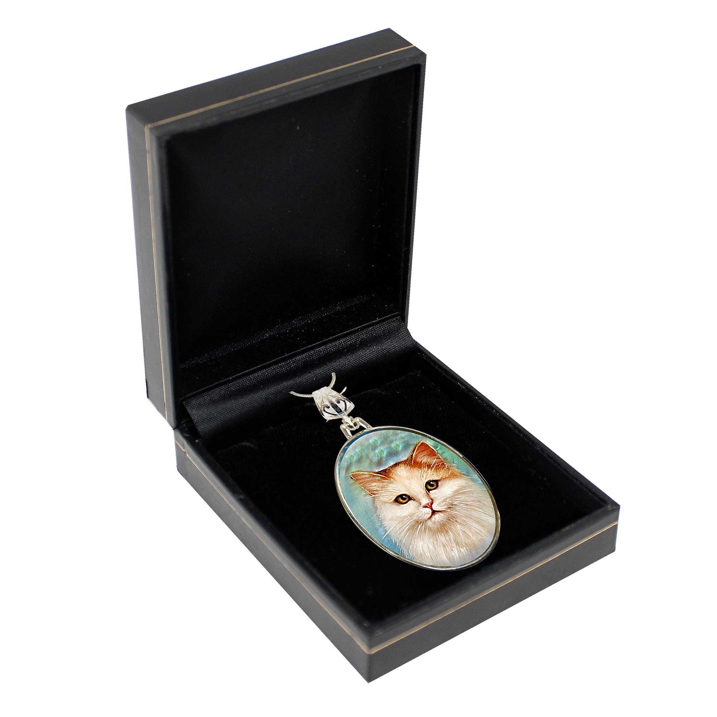 Tabby Cat Silver Plated Mother of Pearl Jewelry Pendant Necklace - 44015