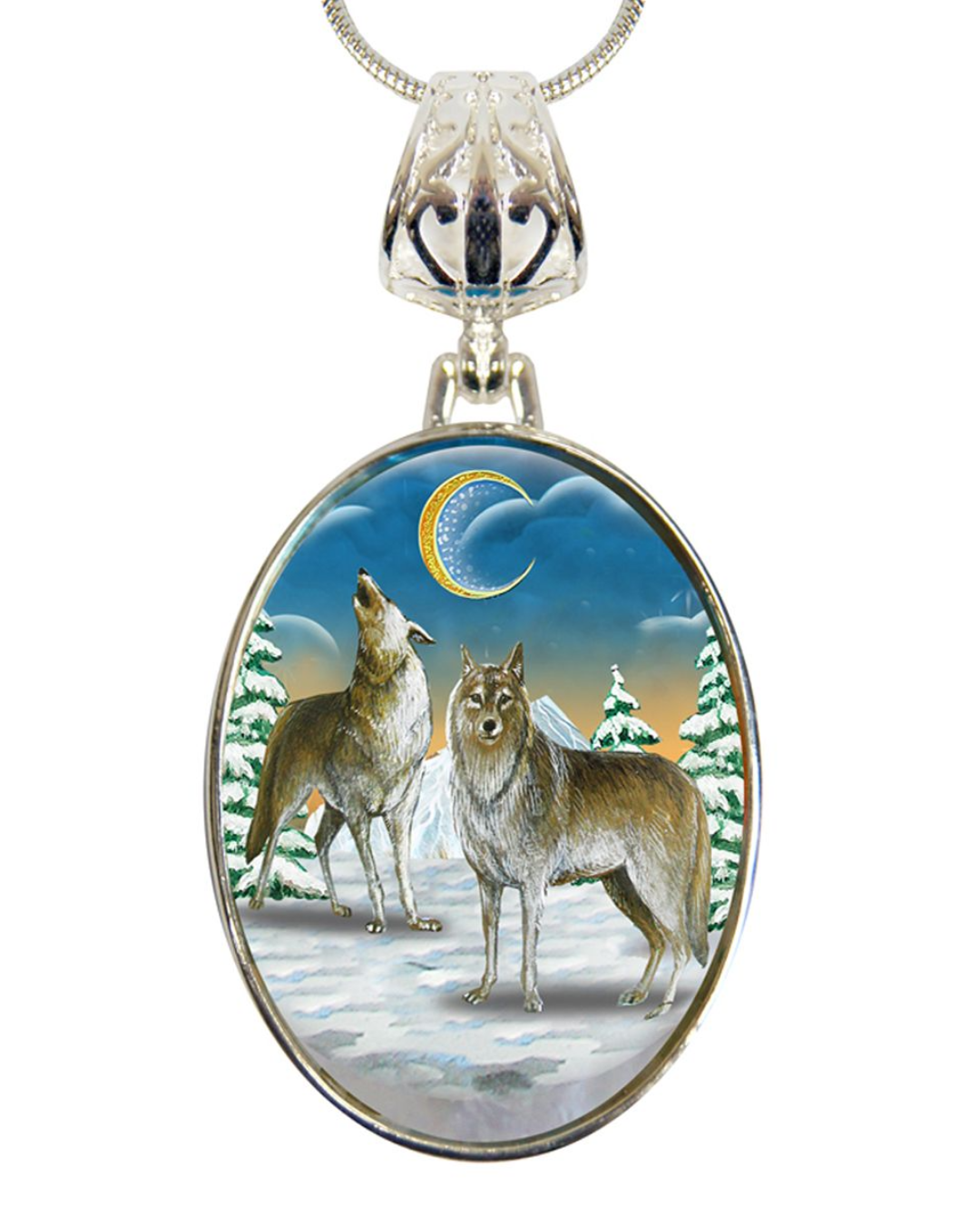 Wolves Howling Round Silver-Plated Mother of Pearl Jewelry Pendant Necklace - 44040