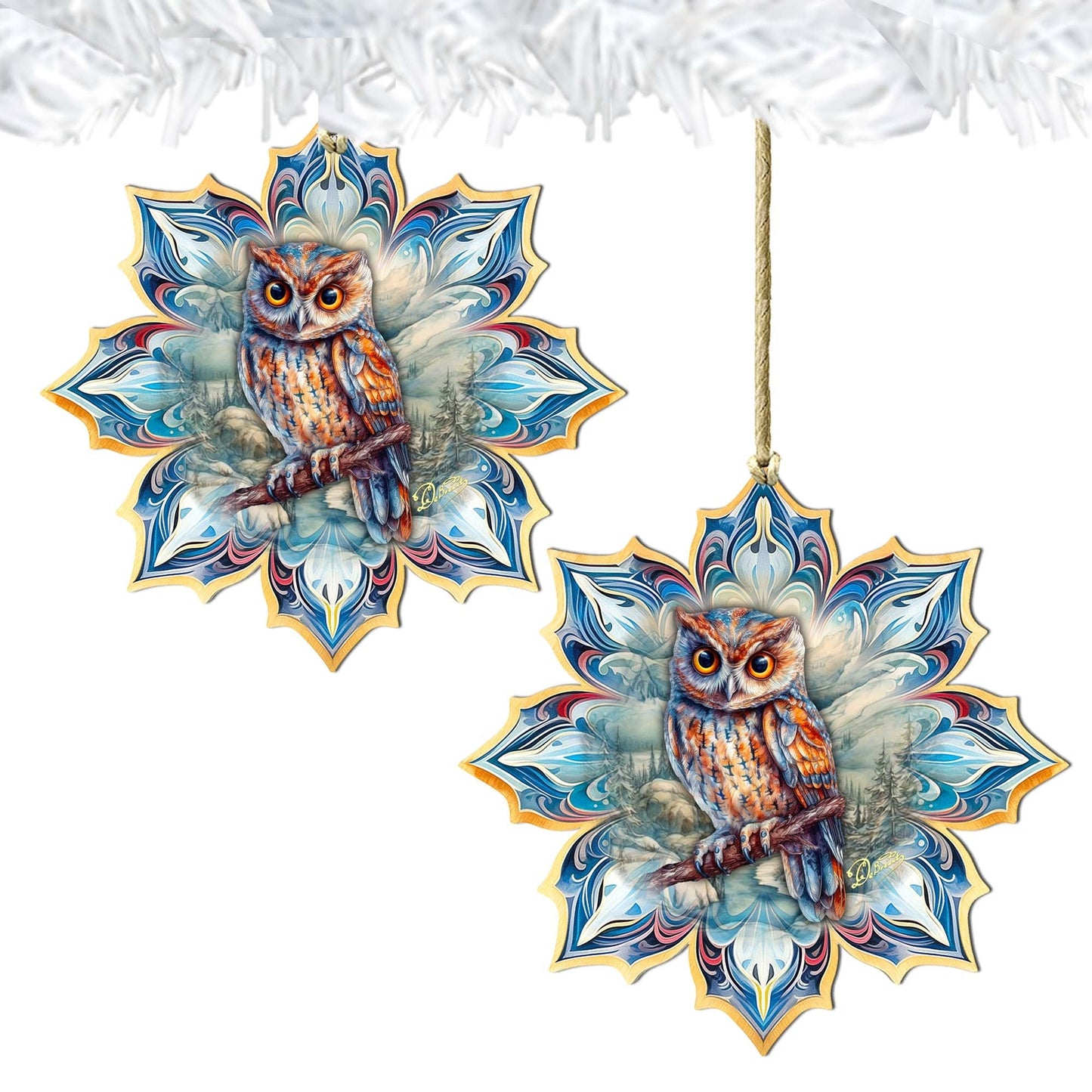 Great Horned Owl Snowflake Wooden Ornaments by G. Debrekht - Nature Wildlife Decor - 8688436
