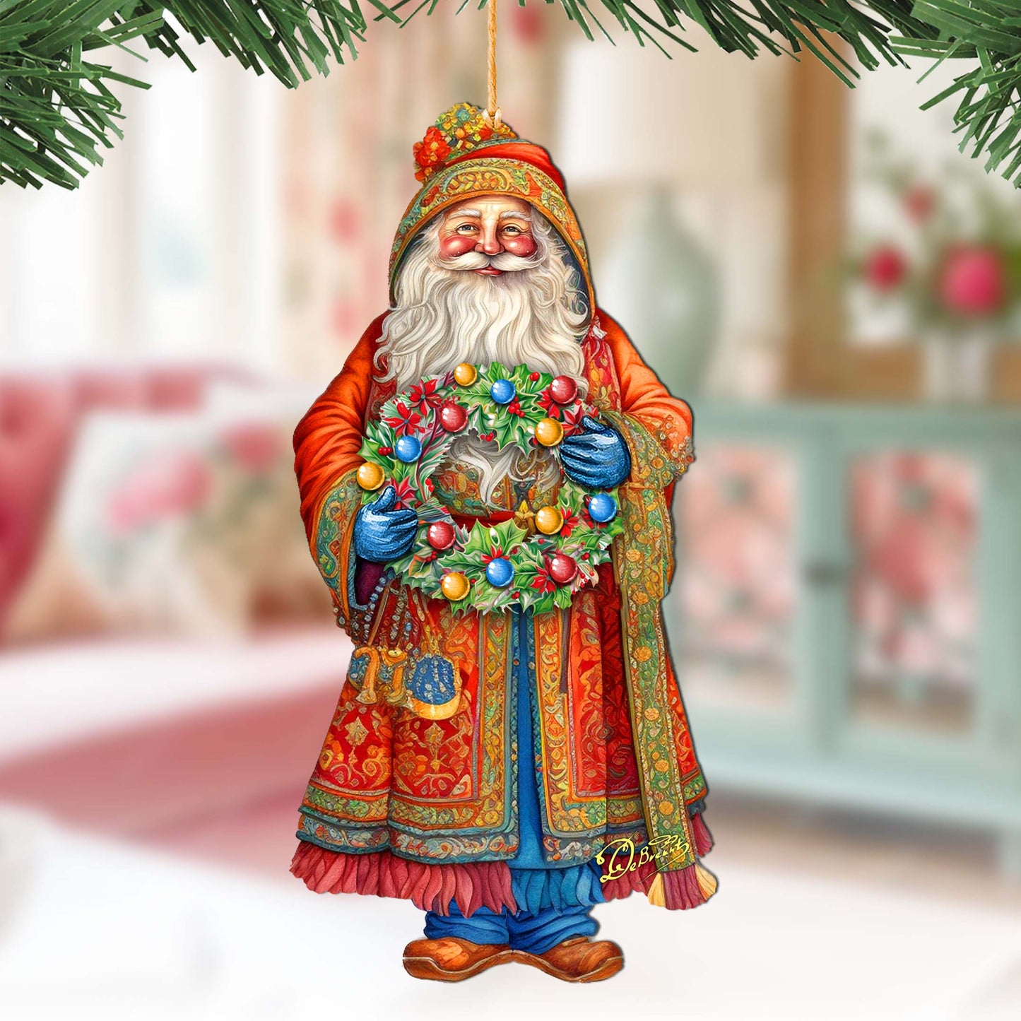 Santa's Wreath of Joy Wooden Ornaments by G. Debrekht - Christmas Santa Snowman Decor - 8691402
