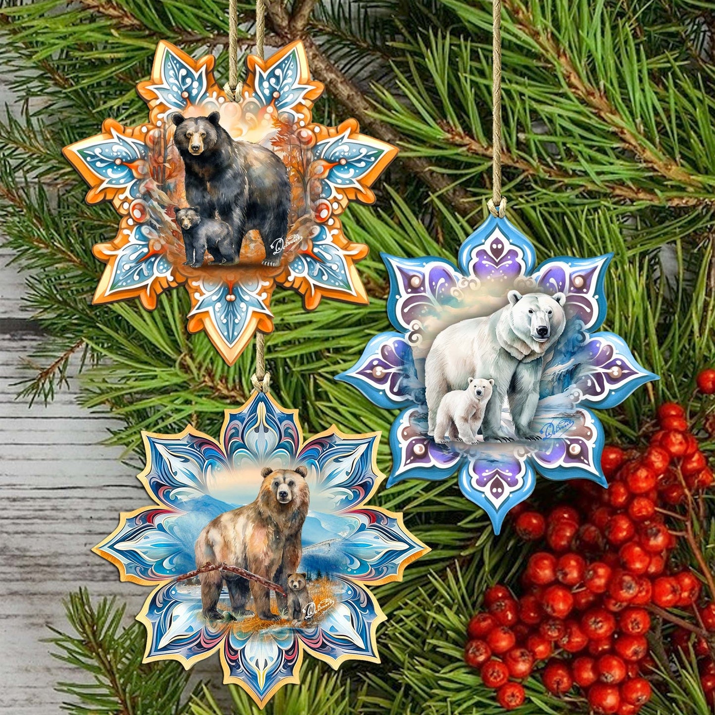 Bears Snowflake Wooden Ornaments Set of 3 by G. Debrekht - Nature Wildlife Decor - 8090143-S3