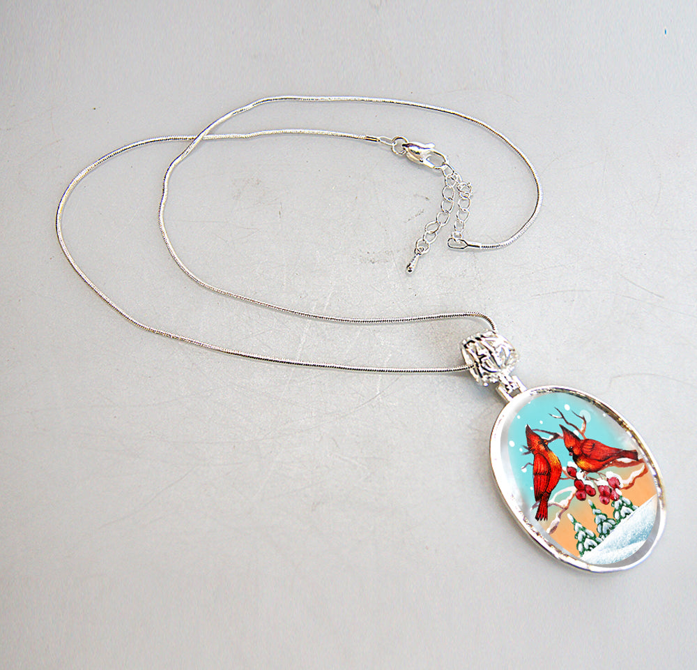 Red Robins Silver Plated Mother of Pearl Jewelry Pendant Necklace - 44036