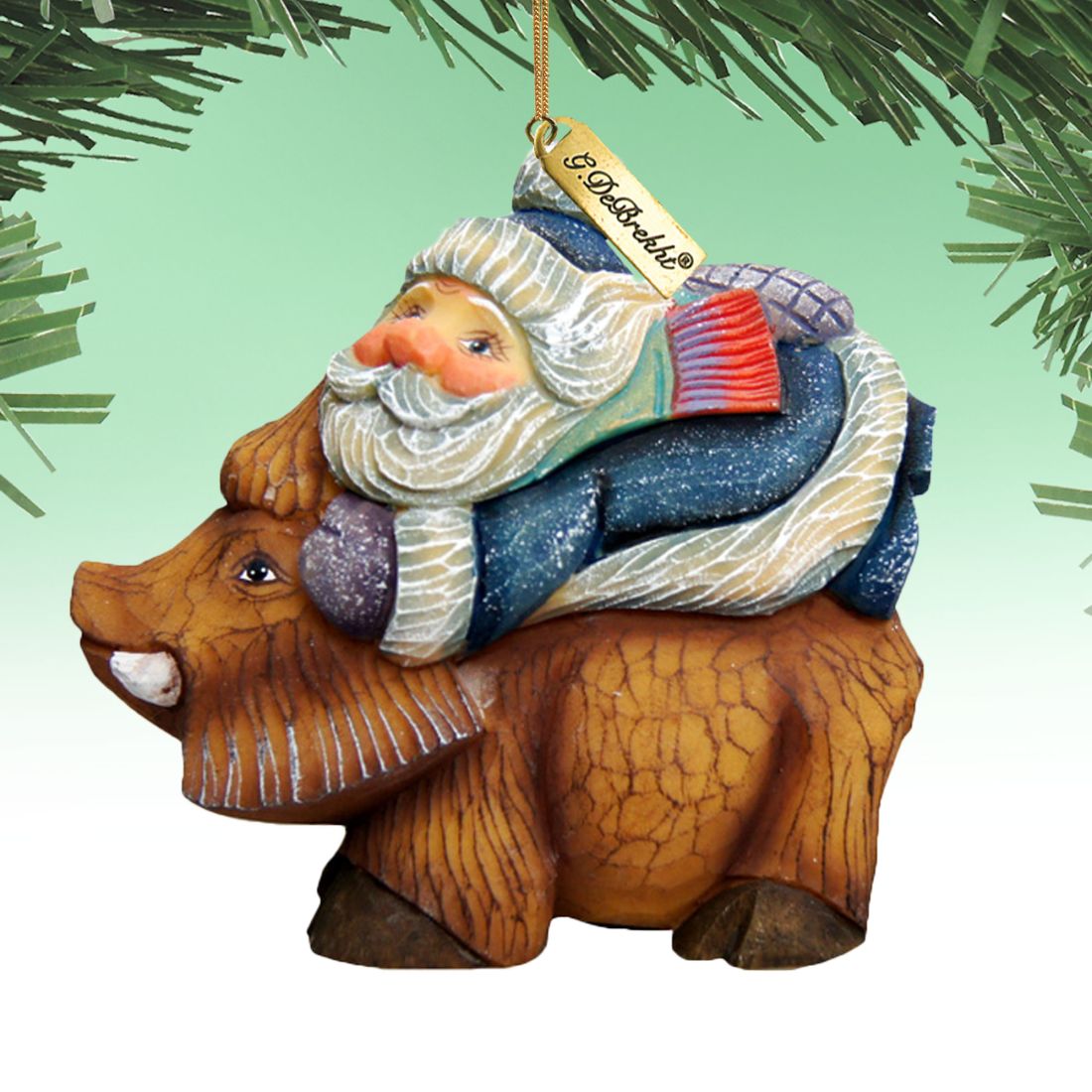 Santa On Boar Sculpted Hand-Painted Christmas Ornament by G. DeBrekht - Christmas Santa Snowman Decor - 63144