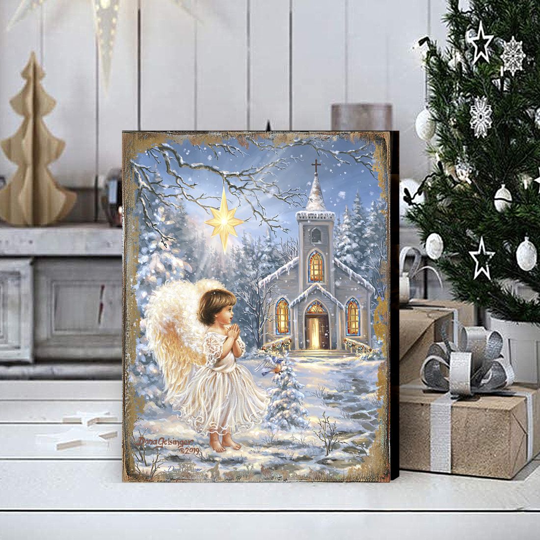 Angel at the Chapel Art Wooden Wall Art by D. Gelsinger - Nativity Holiday Decor - 95659B-1606