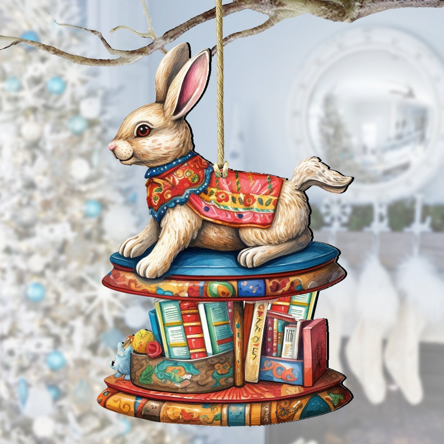 Carousel Bunny with Books Wooden Ornaments by G. Debrekht - Christmas Decor - 8100195-2