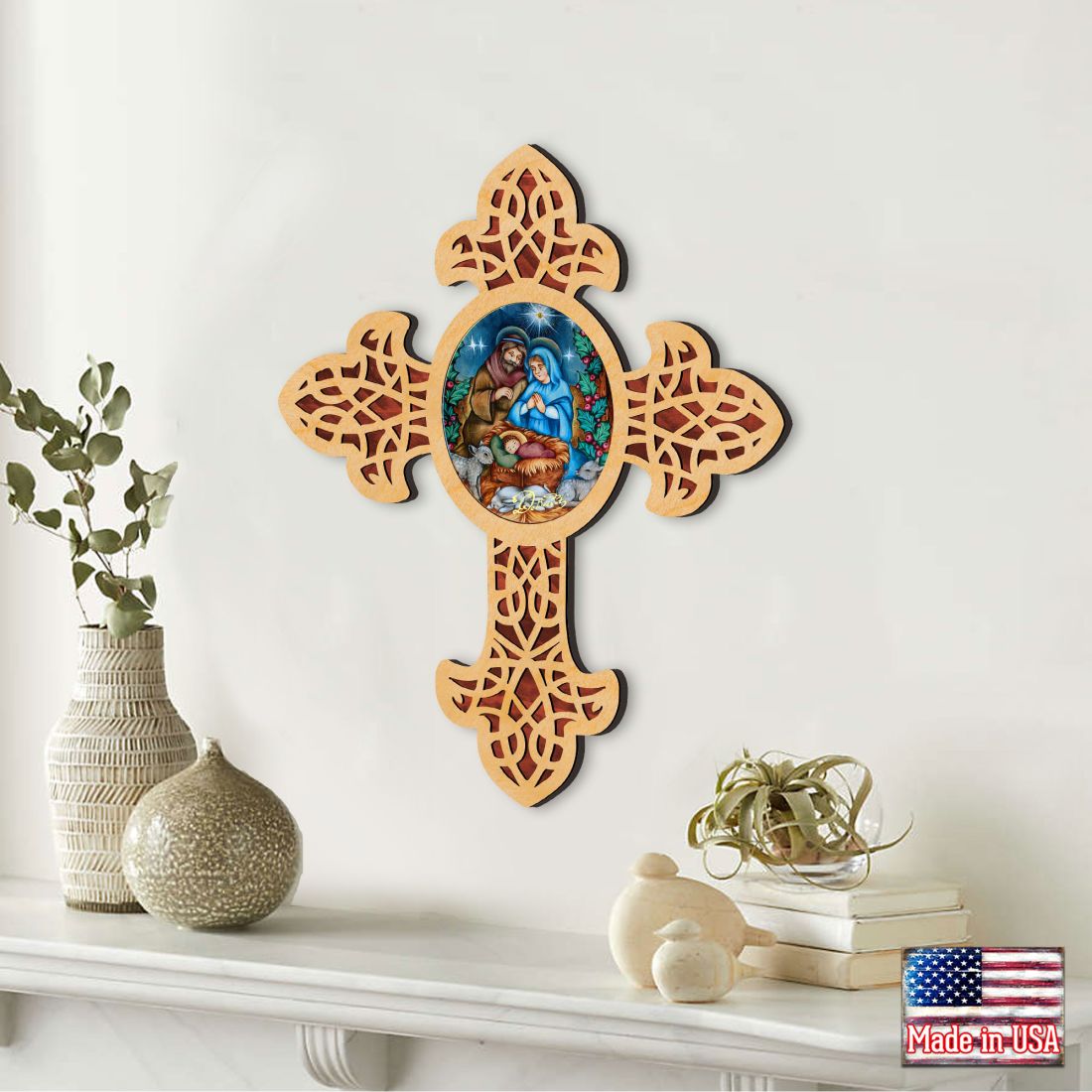 Village Nativity Pointy Wooden Cross by Museum Icons - Inspirational Icon Decor - 88389
