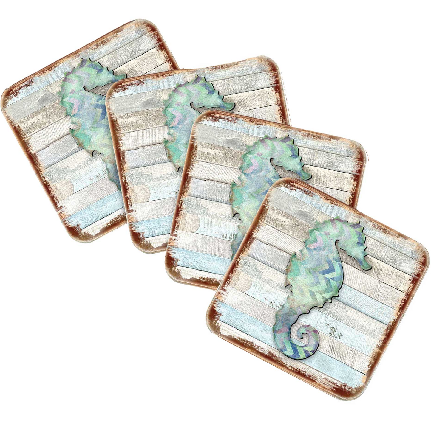 Seahorse Coastal Wooden Cork Coasters Gift Set of 4 by Nature Wonders - Coastal Sea-Life Decor - 8198517-2-9C-S4