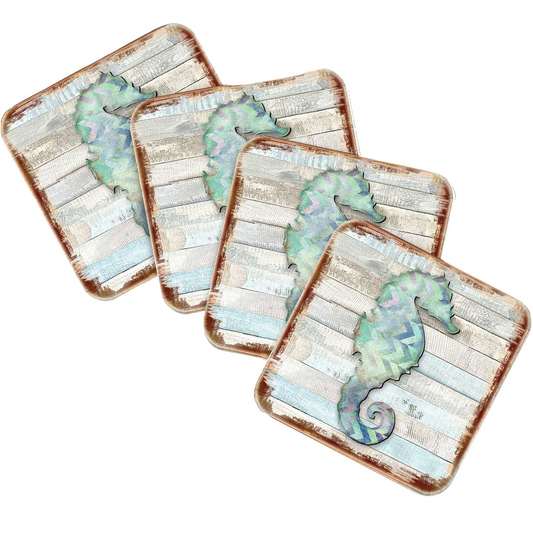 Seahorse Coastal Wooden Cork Coasters Gift Set of 4 by Nature Wonders - Coastal Sea-Life Decor - 8198517-2-9C-S4