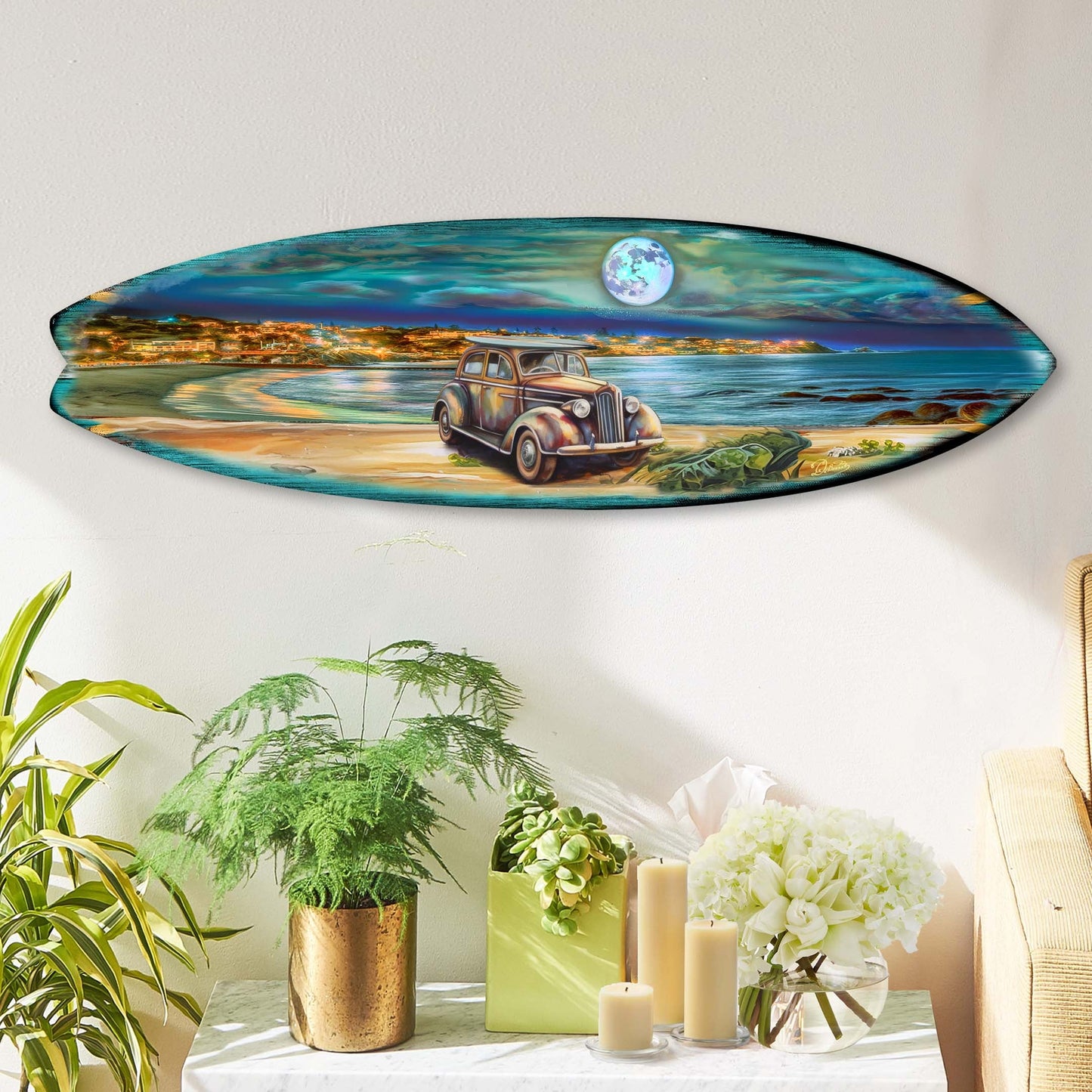 Night Beach Surfboard Coastal Wall Art by G. DeBrekht - Coastal Holiday Decor - 8490123HS