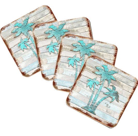 Palm Trees Coastal Wooden Cork Coasters Gift Set of 4 by Nature Wonders - Coastal Sea-Life Decor - 8198415-9C-S4