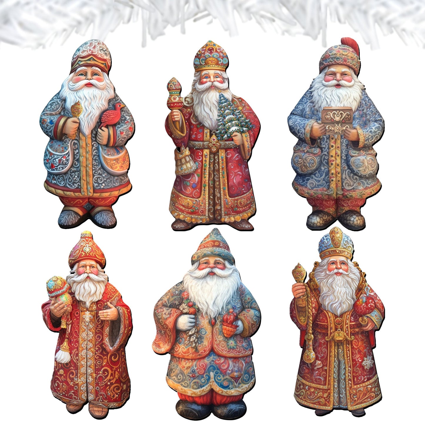 Santa Decorative Wooden Clip-on Ornaments Set of 6 by G. Debrekht - Christmas Decor - 8090032C-S6
