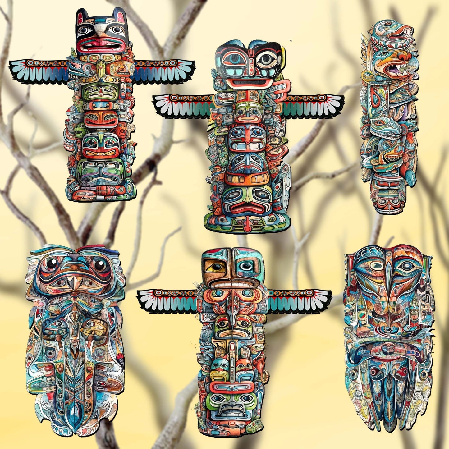Spirit of the Totem Decorative Wooden Clip-on Ornaments Set of 6 by G. Debrekht - Wildlife Decor - 8090117C-S6