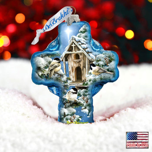 Winter Birds House Icon Cross Glass Ornament by D. Gelsinger - Nativity Holiday Decor - 758-022-DG