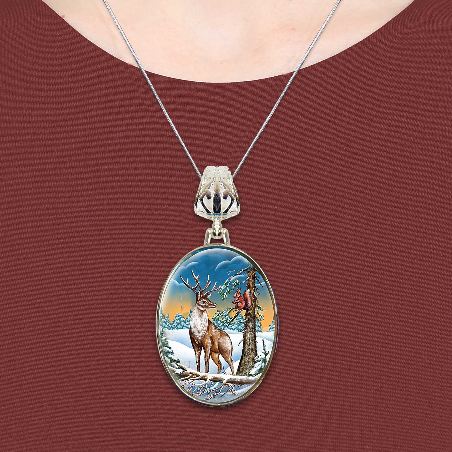 Regal Reindeer Silver Plated Mother of Pearl Jewelry Pendant Necklace - 44034