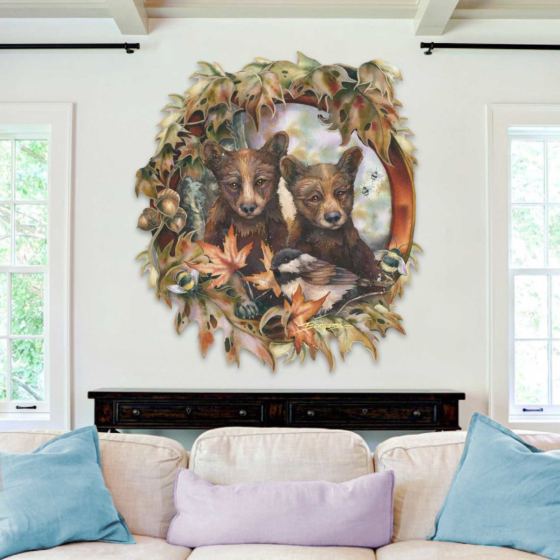 Simple Joys Black Bear Cubs with Bees Wall Art by J. Bergsma - Wildlife Holiday Decor - 8591850W-JB