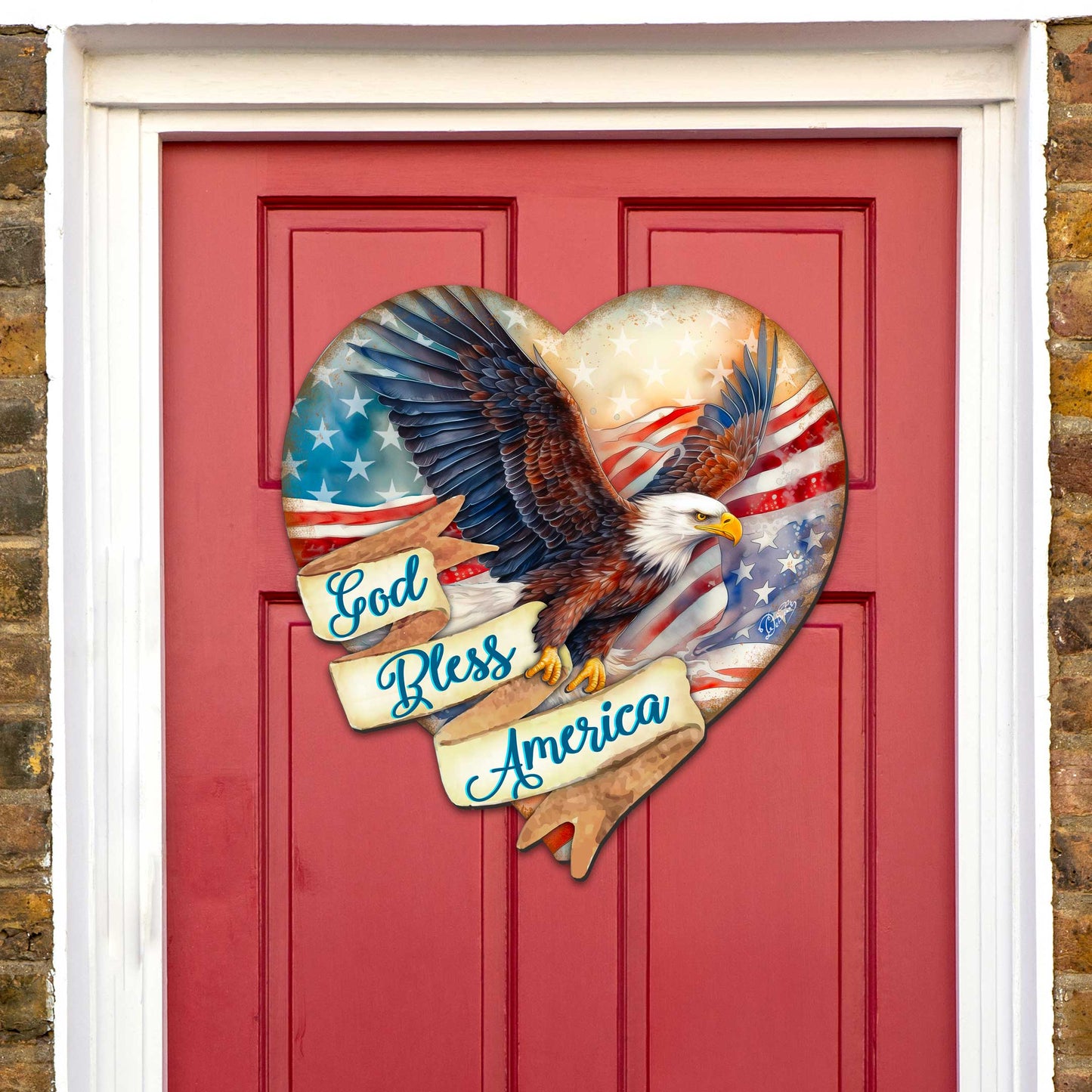 God Bless America Patriotic Eagle Heart Decorative Holiday Door Decor by G. DeBrekht - American Christmas Decor - 8652789H