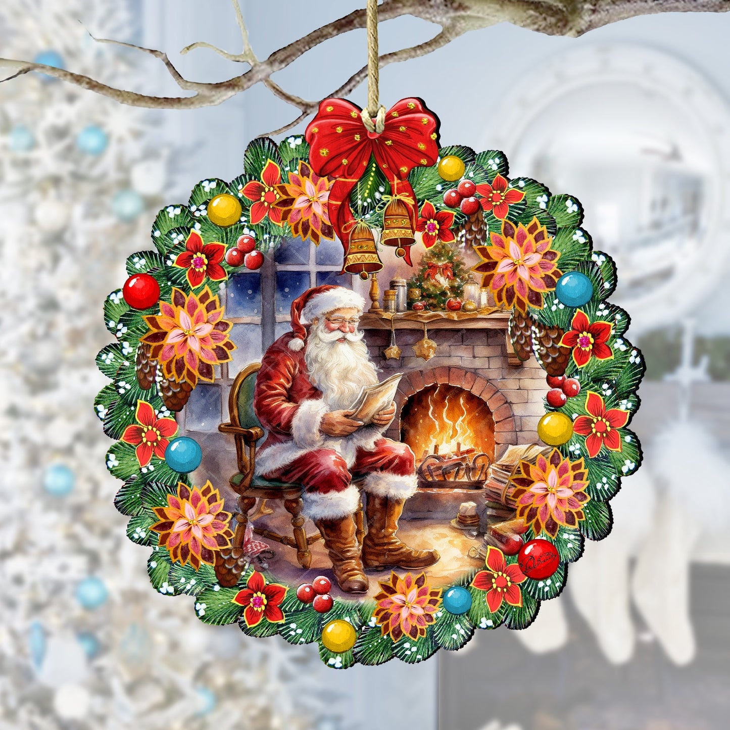 Santa at the Fireplace Wreath Wooden Ornaments by G. Debrekht Christmas Santa Snowman Decor - 8611089-2