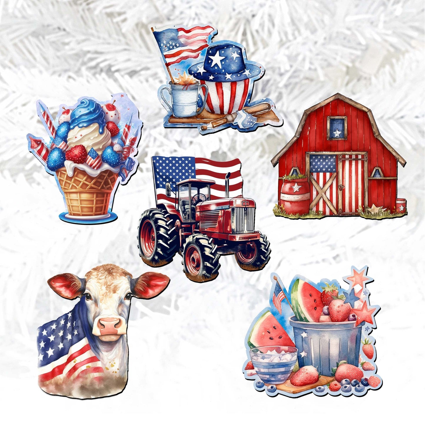 American Farmhouse Decorative Wooden Clip-on Ornaments of 6 by G. Debrekht - Patriotic Decor - 8090001C-S6