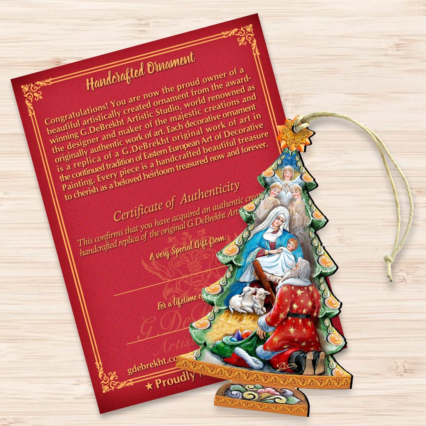 Adoration Nativity Tree Wood Ornaments Pair G. DeBrekht - Designocracy - 8128833-2