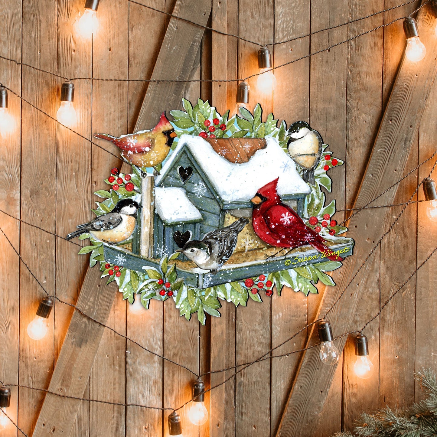 Front Door Winter Cardinals Birdhouse Decor - Christmas Welcome by Susan Winget - Handmade Gift Product Code 8471115-2H-SW