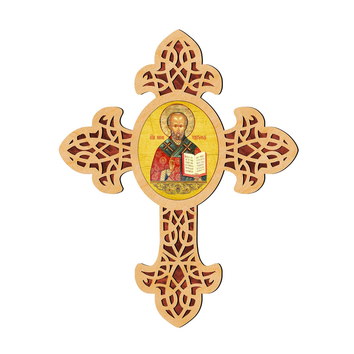 Saint Nicholas Pointy Wooden Cross by Museum Icons - Inspirational Icon Decor - 88321