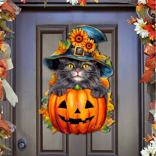 Black Cat Pumpkin Holiday Door Decor by G. DeBrekht - Halloween Decor - 8652794H