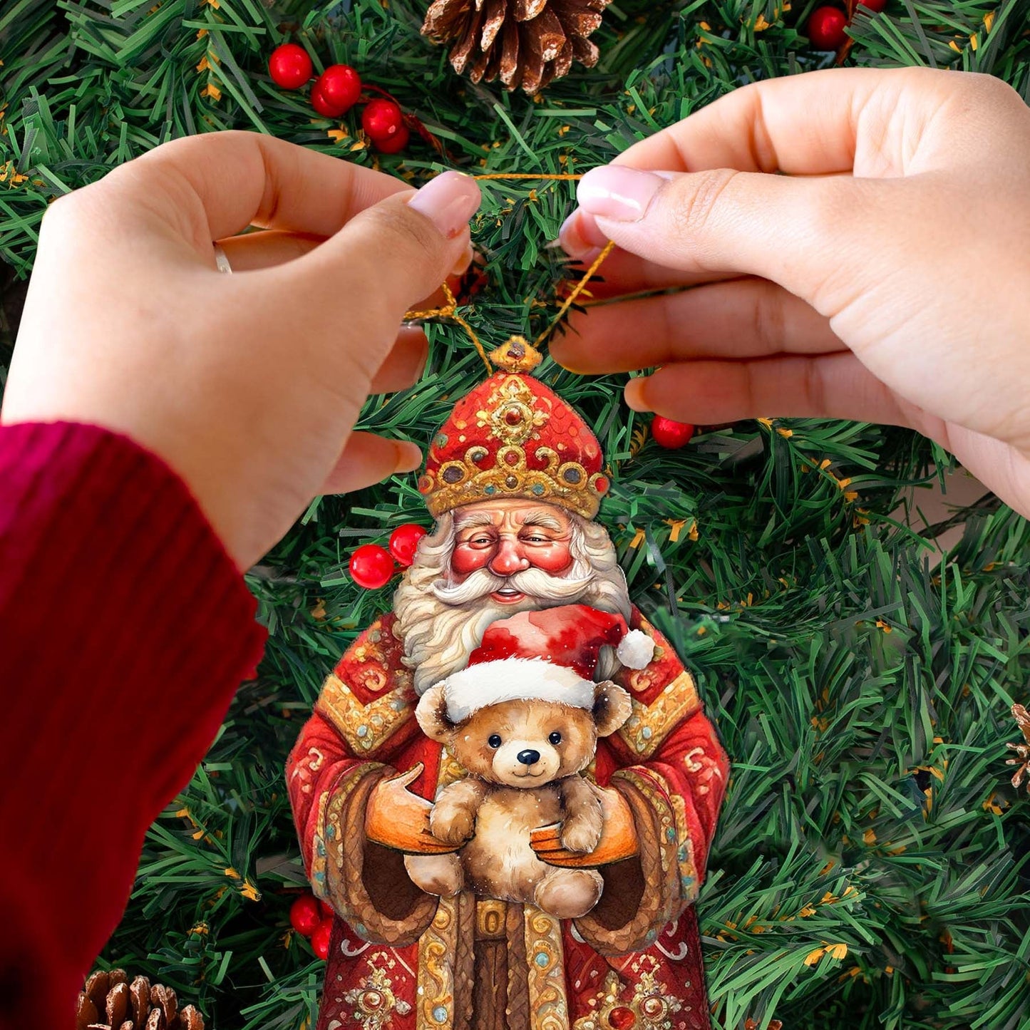 Santa's Teddy Bear Hug Wooden Ornaments by G. Debrekht - Christmas Santa Snowman Decor - 8691415