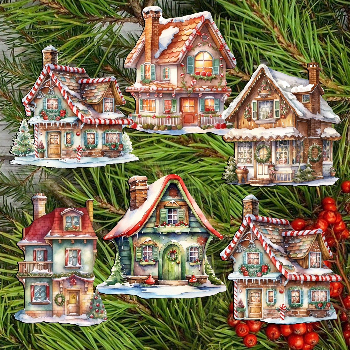 Dream Houses Decorative Wooden Clip-on Ornaments Set of 6 by G. Debrekht - Christmas Decor - 8090029C-S6